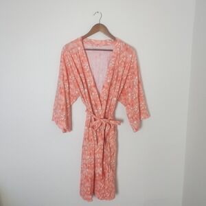 Garnet Hill Organic Cotton Robe Women's XS Coral Floral Lantern Asian Wrap